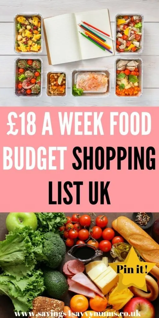 This is an £18 a week food budget shopping list for families in the UK. This includes a budget meal plan and shopping list by Laura at Savings 4 Savvy Mums 