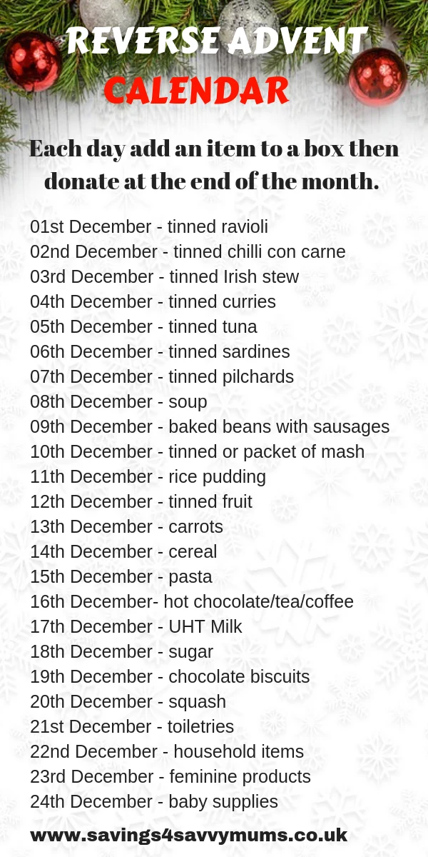 Here are twenty-four ways you can give back to your community including a Reverse Advent Calendar and why you should become a food bank volunteer by Laura at Savings 4 savvy Mums #ReverseAdventcalendar #Advent #FoodBank #FreeActivties #SavingMoney #FamilyMoneySaving