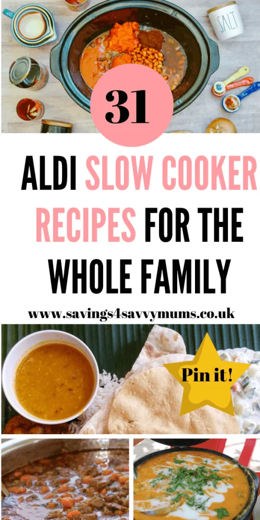 Here are 31 Aldi slow cooker recipes that are budget friendly and easy to cook. Perfect for leftovers too and some are under £1 by Laura at Savings 4 Savvy Mums #slowcooker #slowcookerrecipes #Aldislowcooker #familymeals #familybudgetfood