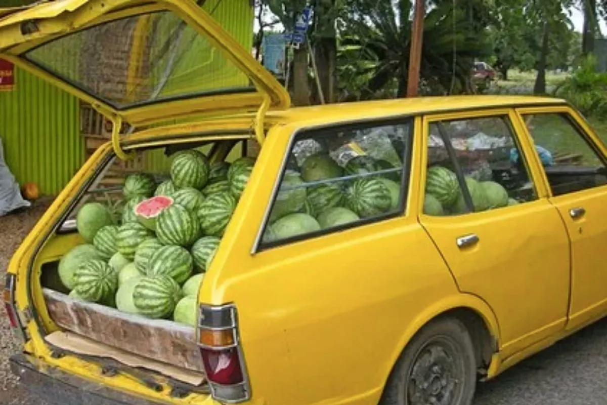 Yellow car with watermelons in the boot