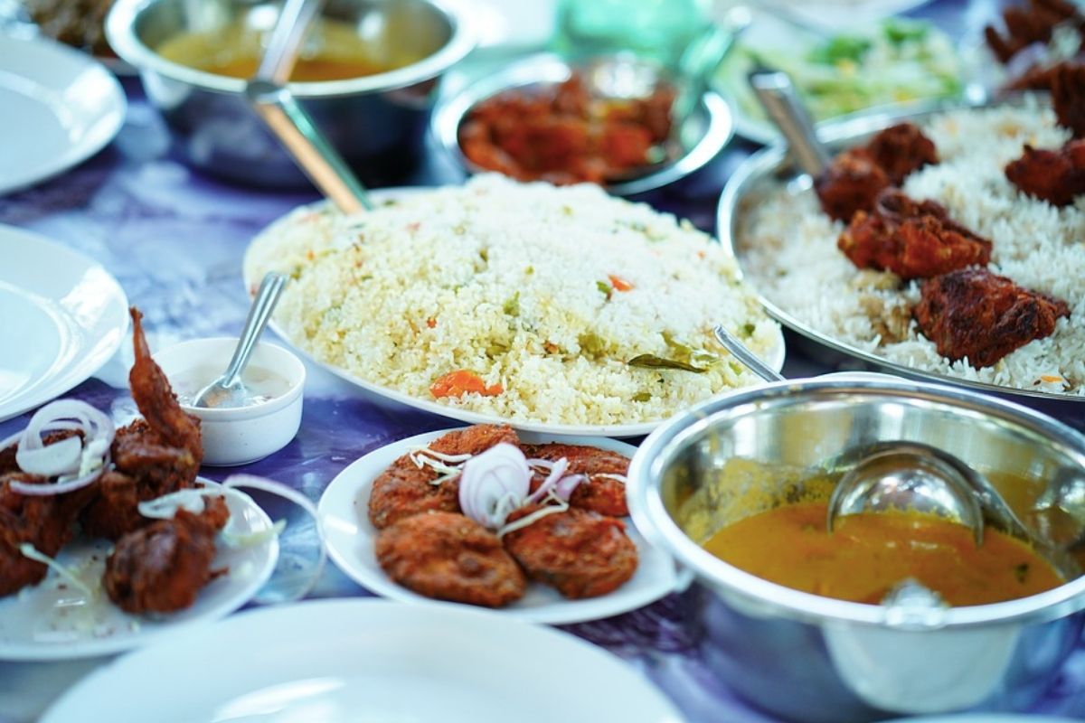 Rice and turkey curry on a table