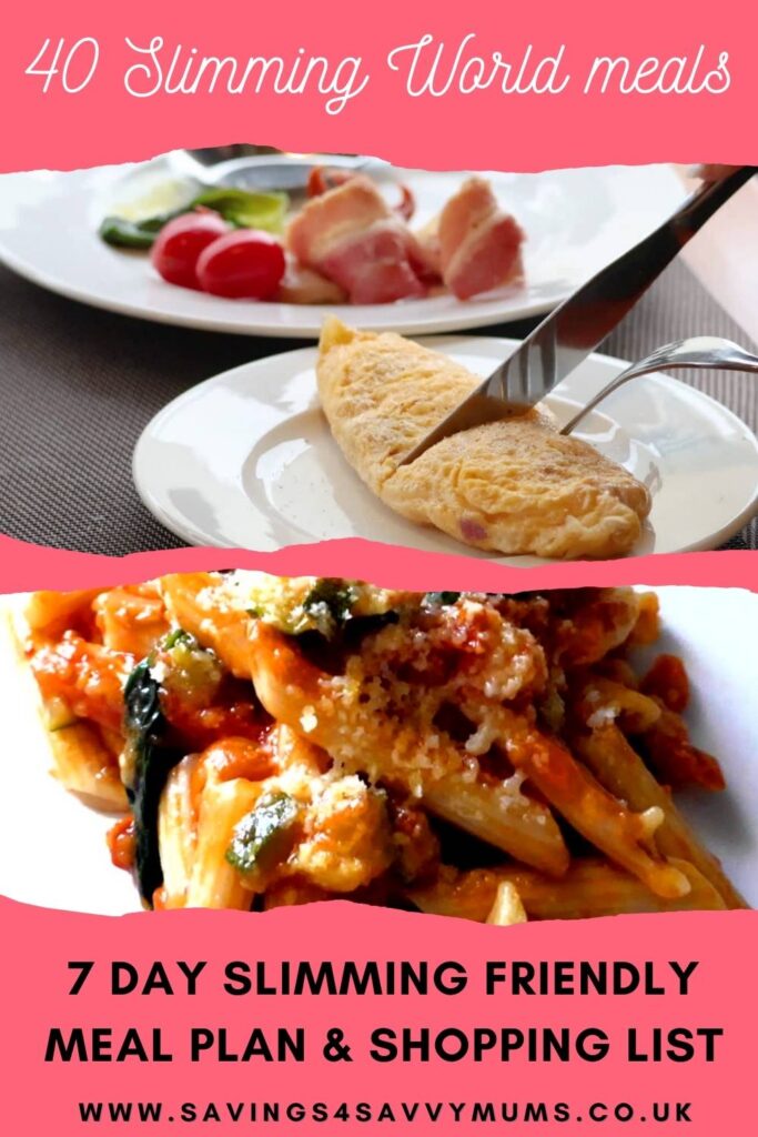 These are 40 Slimming World meals with a 7 day meal plan that will help you to lose weight and feed your family by Laura at Savings 4 Savvy Mums.