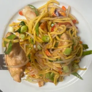 Chicken with noodles and vegetables on a white plate.