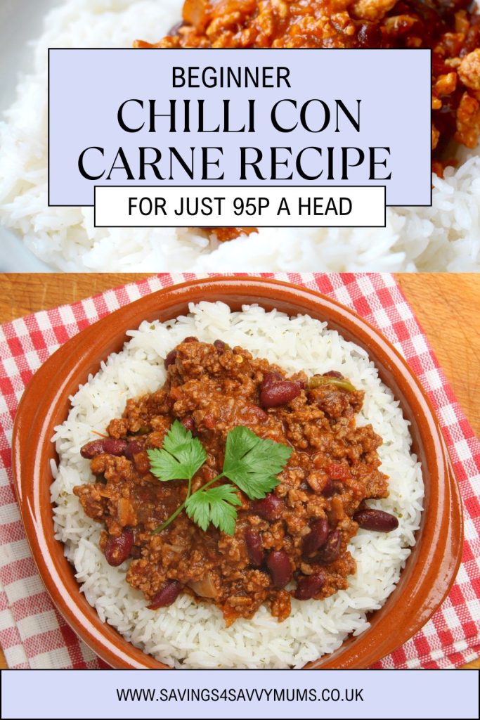 This beginner chilli con carne recipe is great for the whole family! It's cheap to make, easy to cook and is perfect for leftovers by Laura at Savings 4 Savvy Mums 