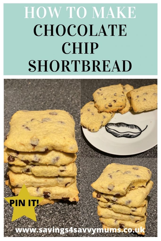 This is how to make chocolate chip shortbreads. They are buttery inside and really easy to make with just four ingredients by Laura at Savings 4 Savvy Mums 