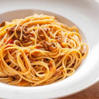 Quorn Spaghetti Bolognese in a white bowl