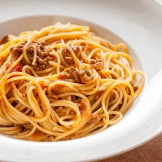 Quorn Spaghetti Bolognese in a white bowl