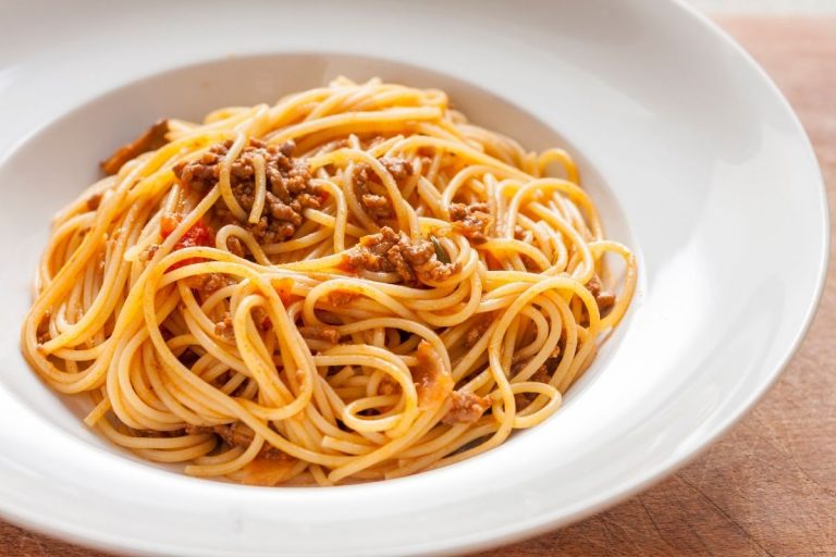 Quorn Spaghetti Bolognese in a white bowl
