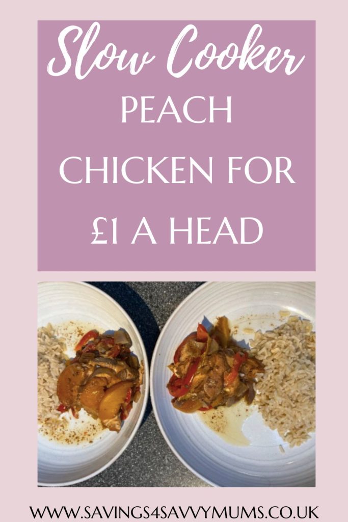 This slow cooker peach chicken can be made for under £1 a head for four people. You can put it all in the slow cooker together with now fuss by Laura at Savings 4 Savvy Mums 